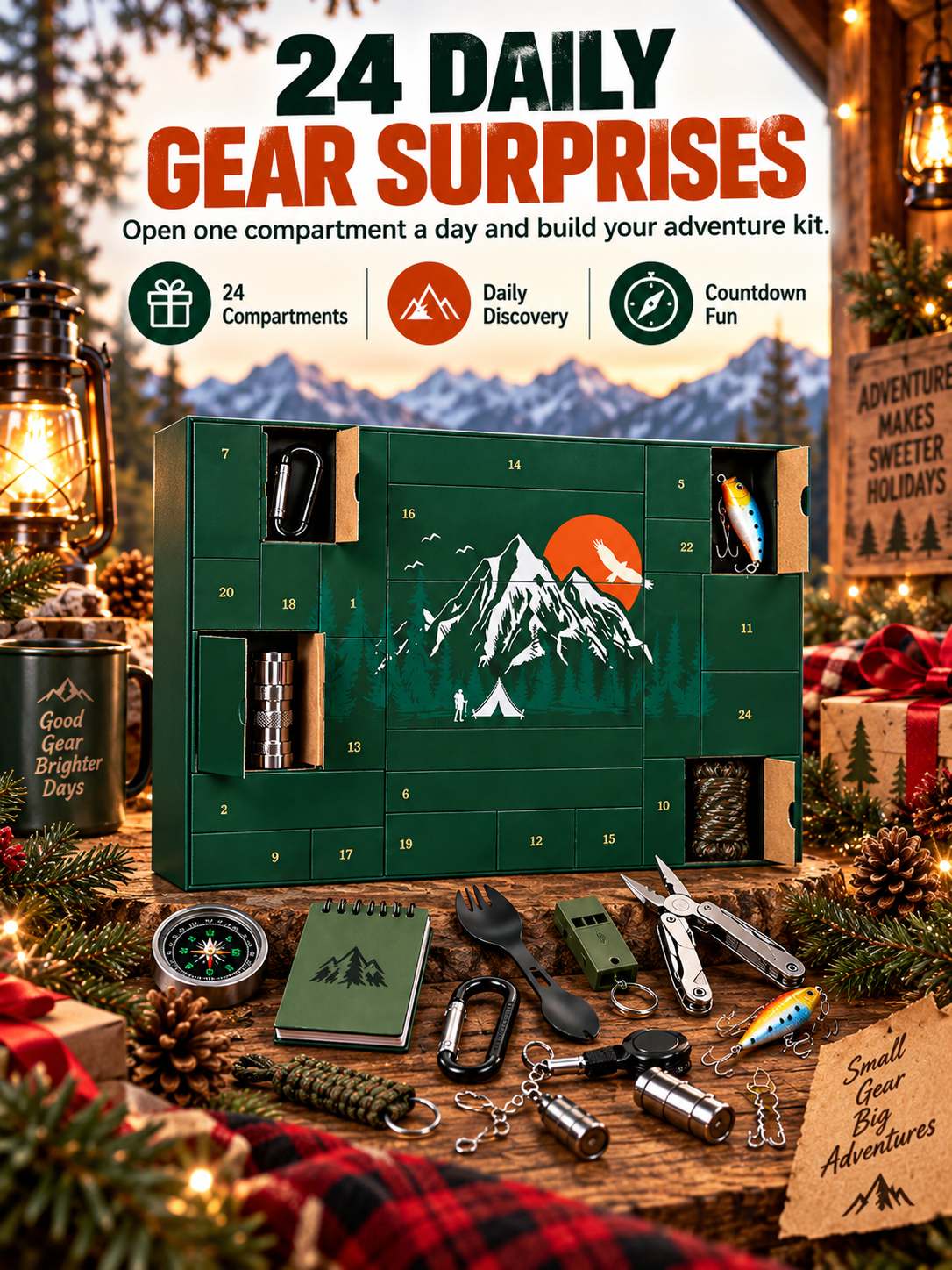 OUTDOOR LOVER FAVORITE | 24-Piece Camping Gear Advent Calendar Christmas Countdown Gift for Adults