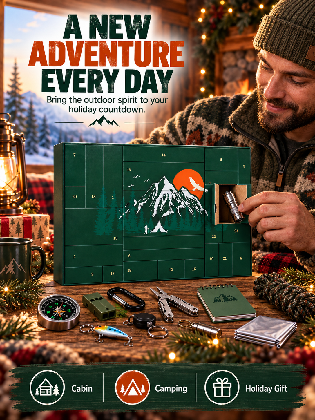 OUTDOOR LOVER FAVORITE | 24-Piece Camping Gear Advent Calendar Christmas Countdown Gift for Adults