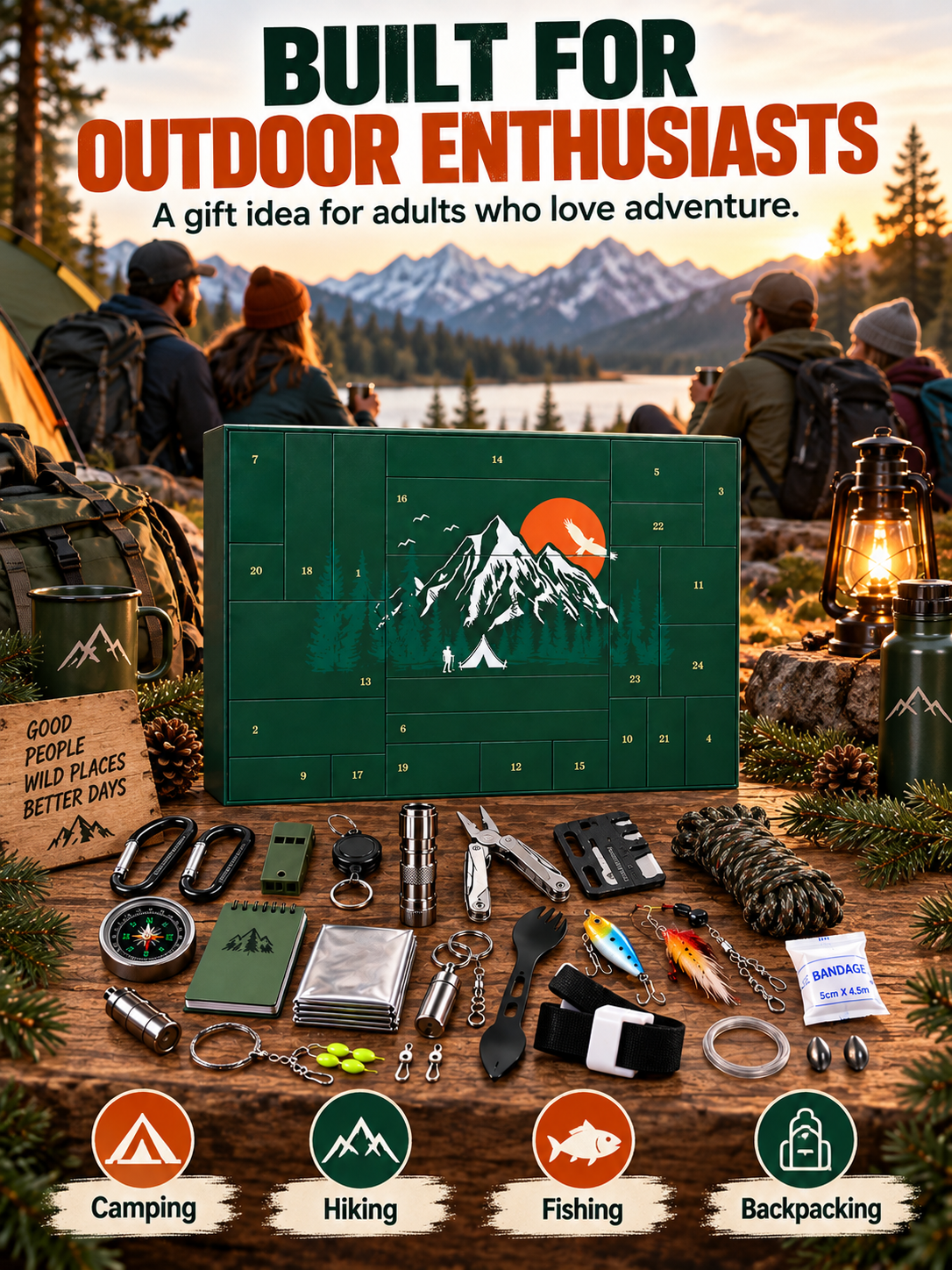 OUTDOOR LOVER FAVORITE | 24-Piece Camping Gear Advent Calendar Christmas Countdown Gift for Adults