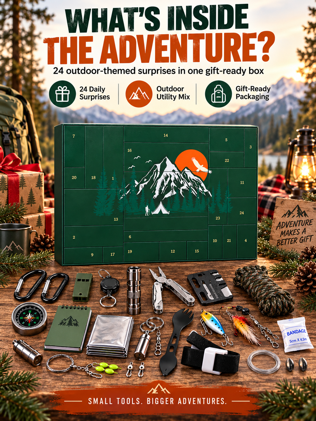 OUTDOOR LOVER FAVORITE | 24-Piece Camping Gear Advent Calendar Christmas Countdown Gift for Adults