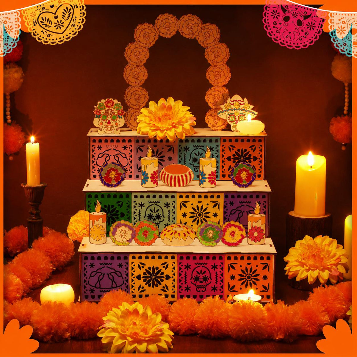 3 Tier Wooden Day of the Dead Ofrenda Altar Set, Complete Decor Kit with Skull, Marigolds, Candles & Papel Picado