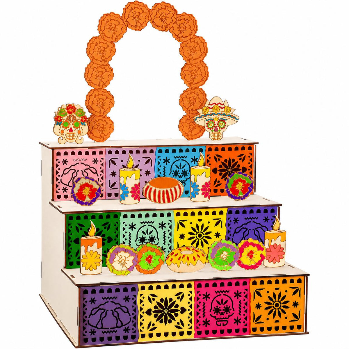 3 Tier Wooden Day of the Dead Ofrenda Altar Set, Complete Decor Kit with Skull, Marigolds, Candles & Papel Picado