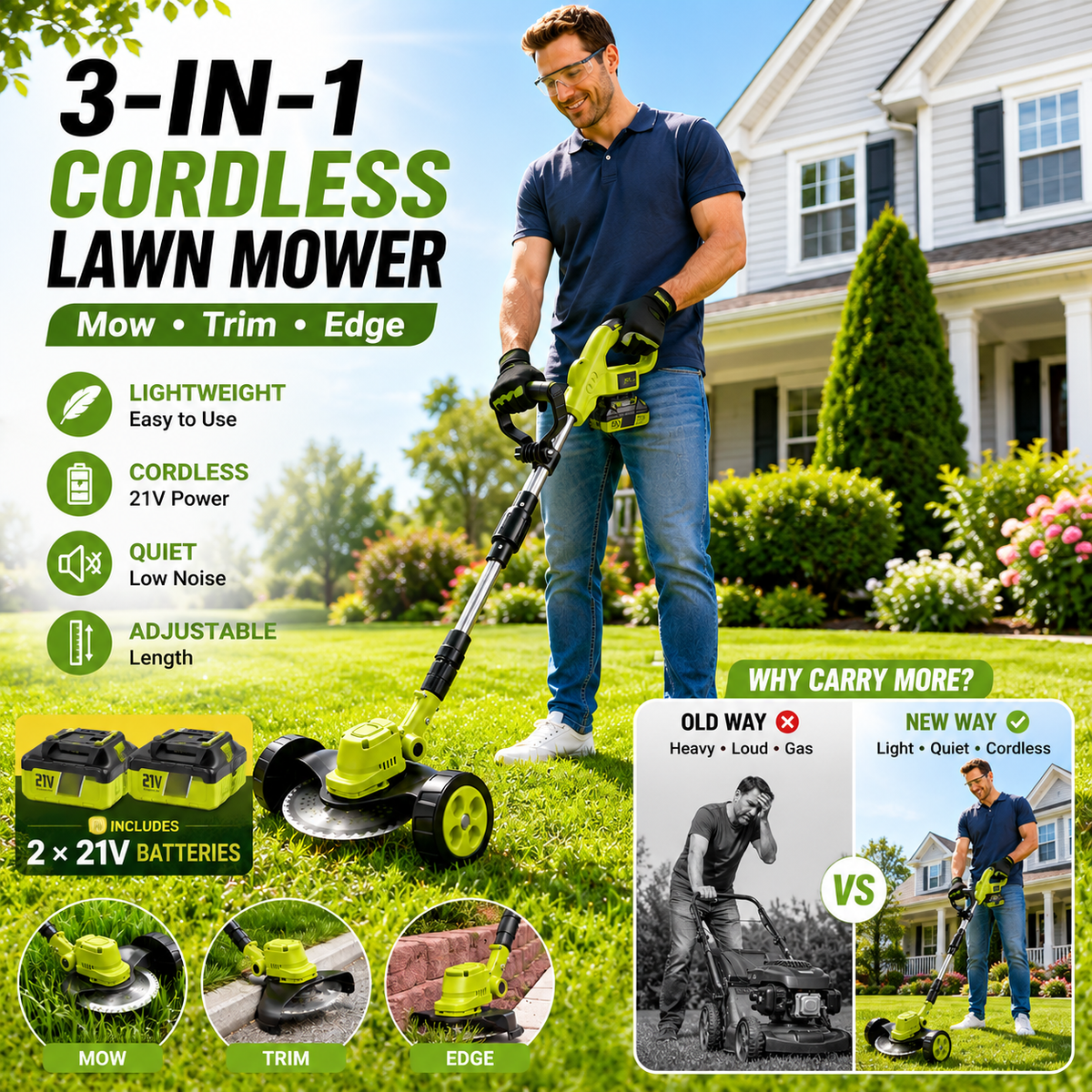 3-in-1 Cordless Lawn Mower | Lightweight Grass Trimmer & Edger | 2 21V Batteries Included