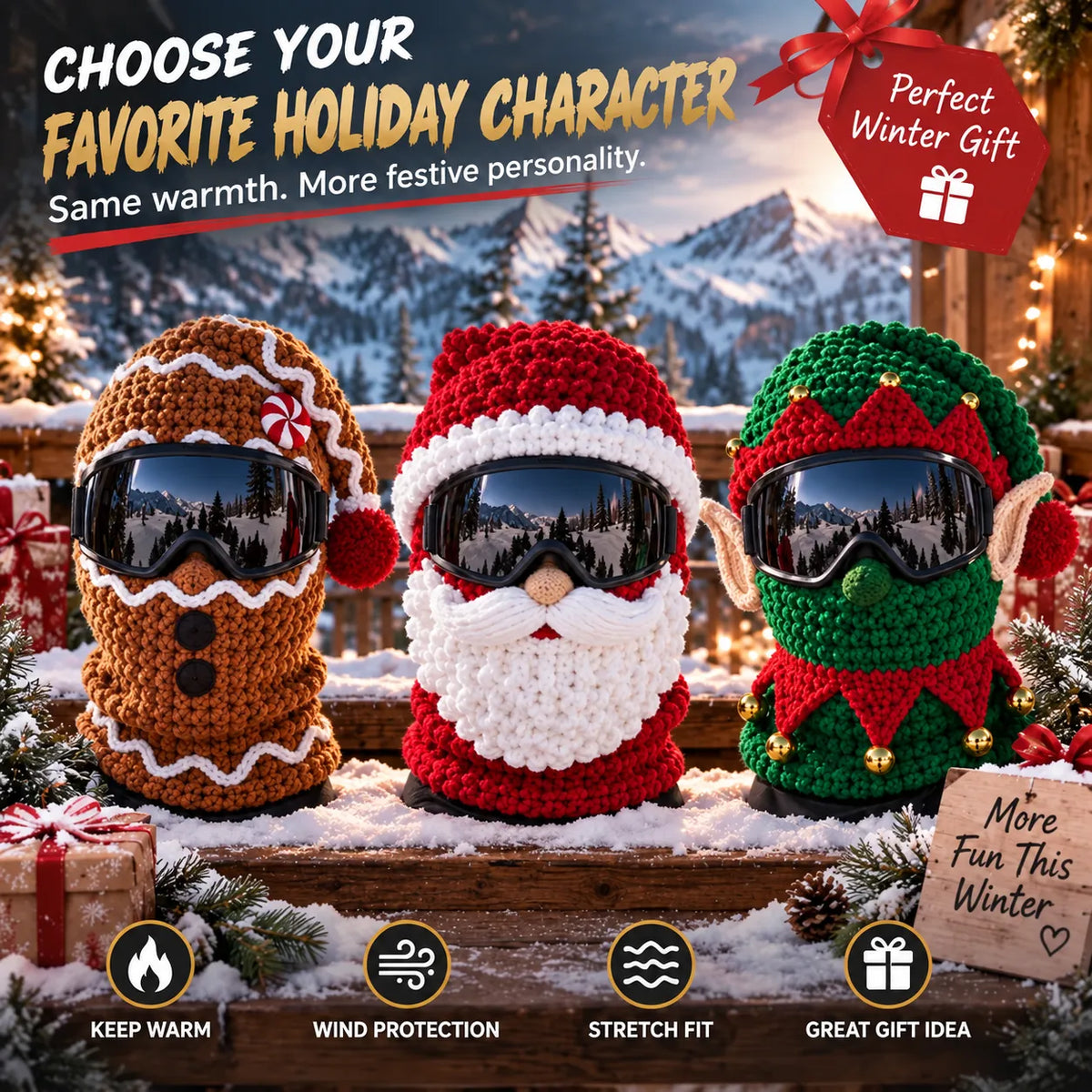 3D Christmas Knit Ski Mask | Warm Full-Face Cover in 3 Festive Styles for Ski Trips, Parties & Winter Adventures