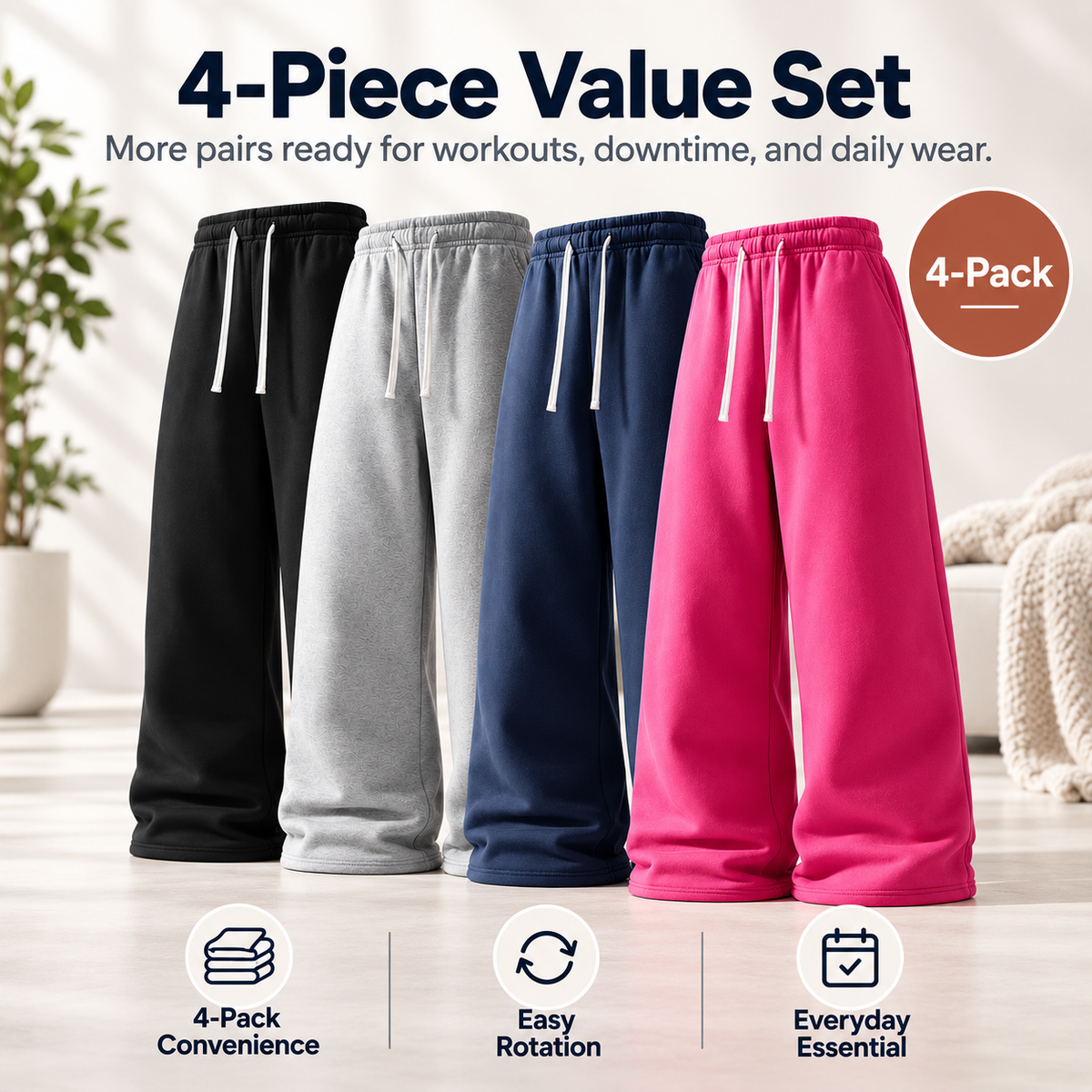 4-Pack Ultra-Soft Wide-Leg Sweatpants