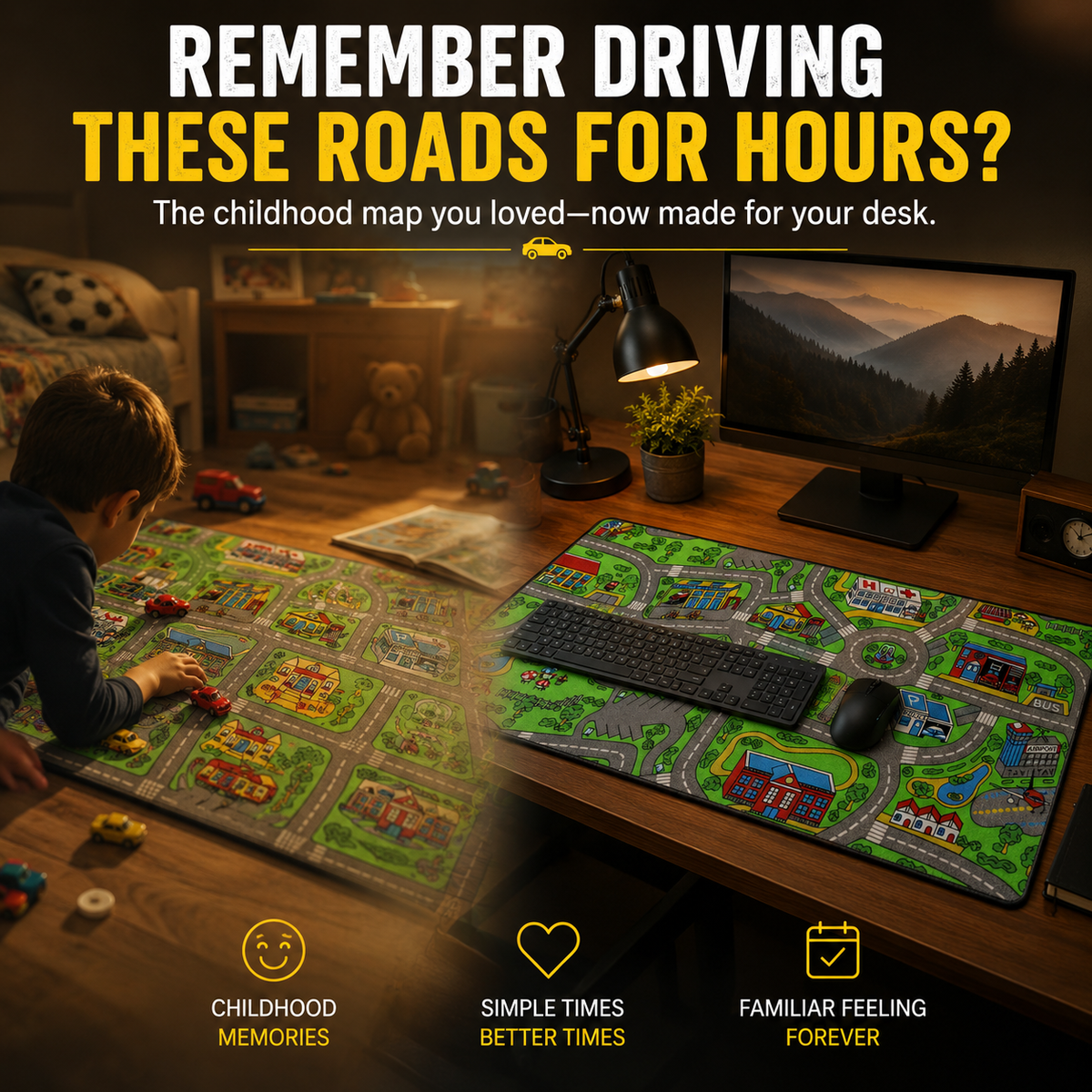 Nostalgic Road Map Desk Mat Retro City Mouse Pad