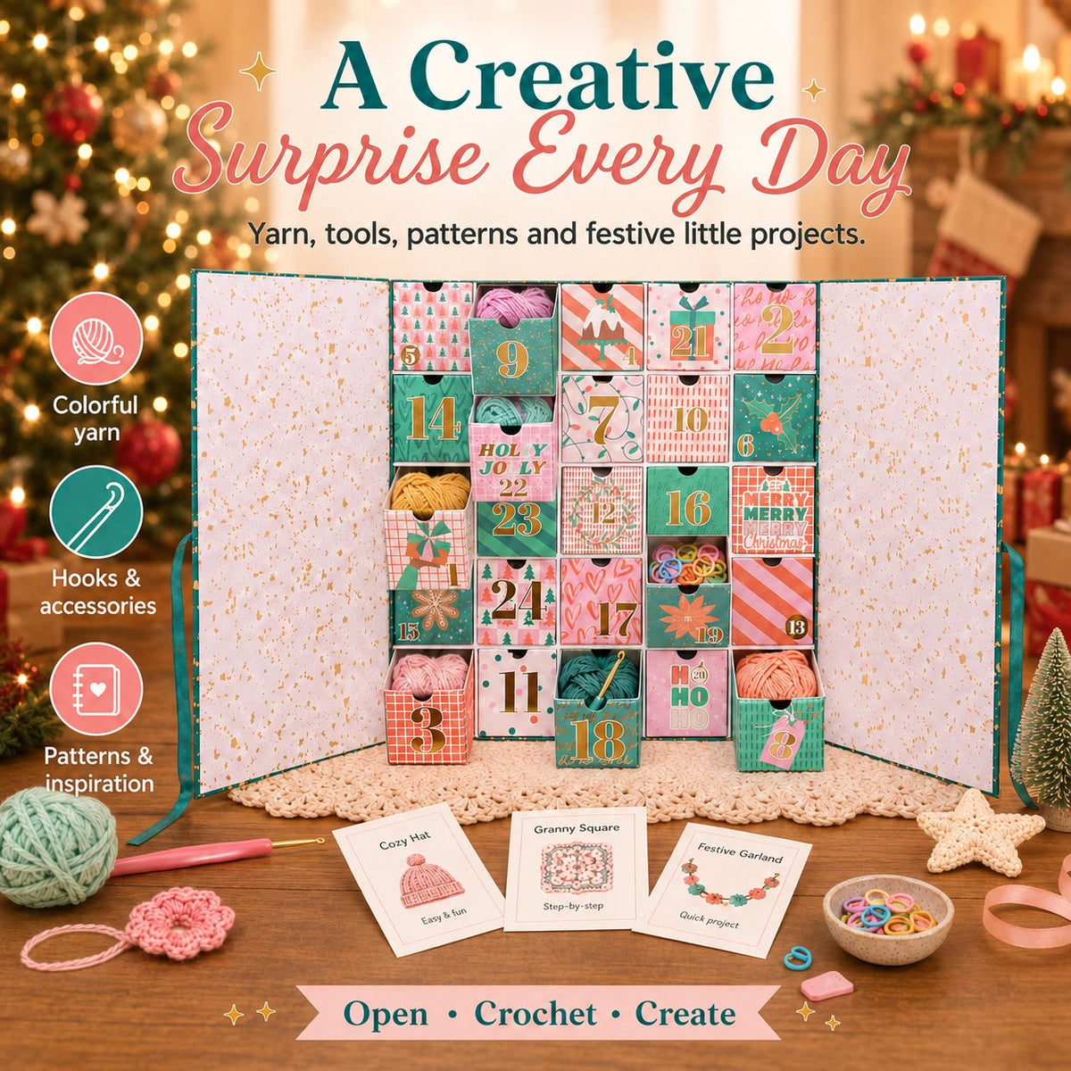 25 Days of Crochet Magic Advent Calendar 2026 with Yarn, Tools & Creative Surprises ( Same as in the video)