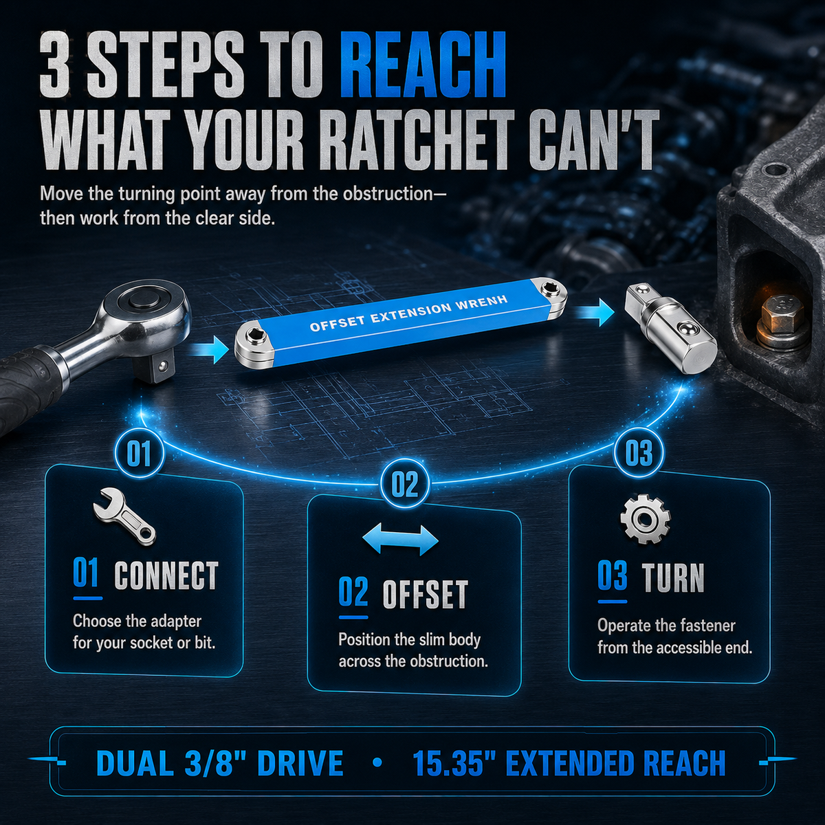 3/8' Offset Extension Wrench Set Reach Tight Bolts Without Removing Parts