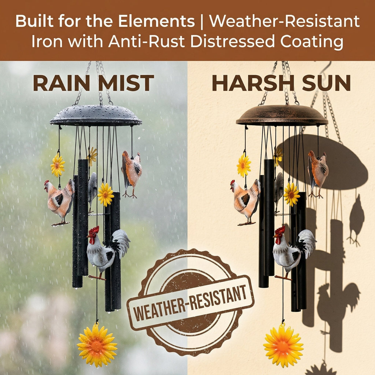 Vintage Metal Chicken Wind Chime with Sunflower