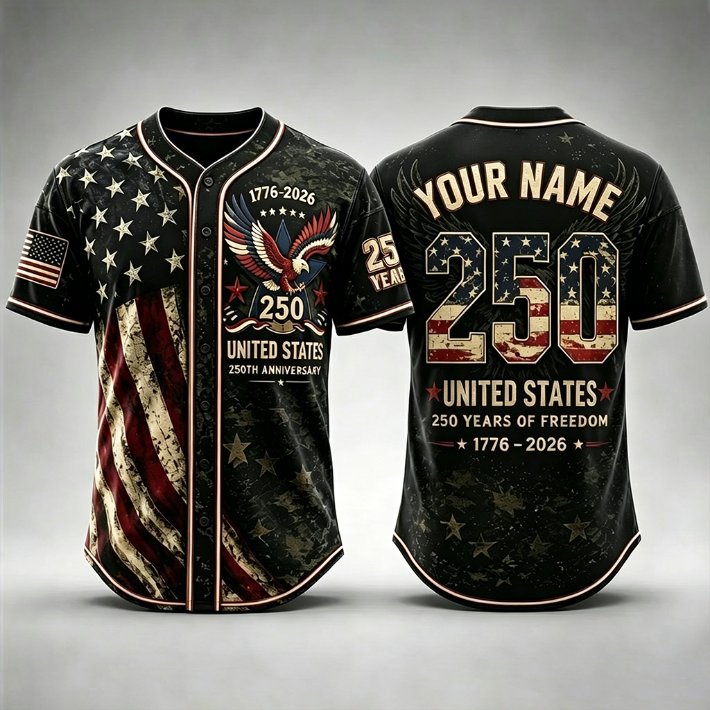 Men's USA 250th Anniversary Baseball Jersey Patriotic American Flag Eagle Button Down Shirt 1776-2026
