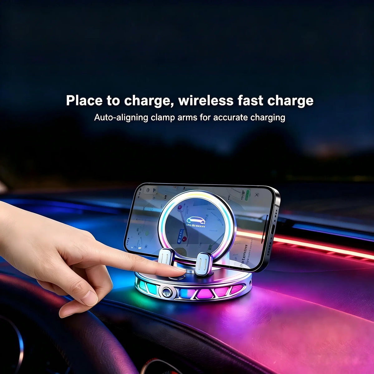 360 Rotating Wireless Charging Car Phone Mount with RGB Ambient Light