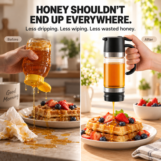 12oz No-Drip Honey & Syrup Dispenser Press-to-Pour Glass Jar with Handle