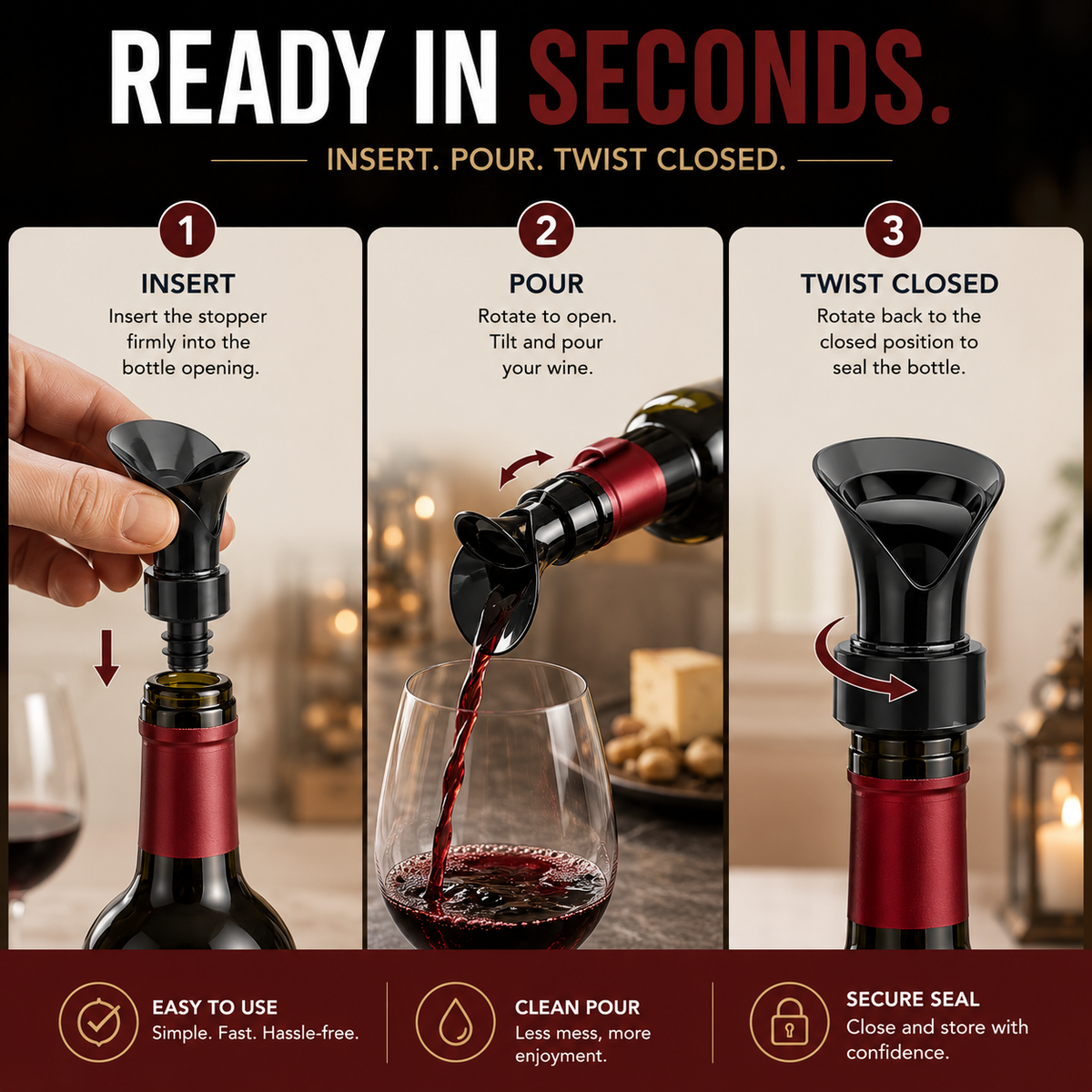 2-in-1 Wine Pourer & Stopper No-Drip Pour & Easy Seal