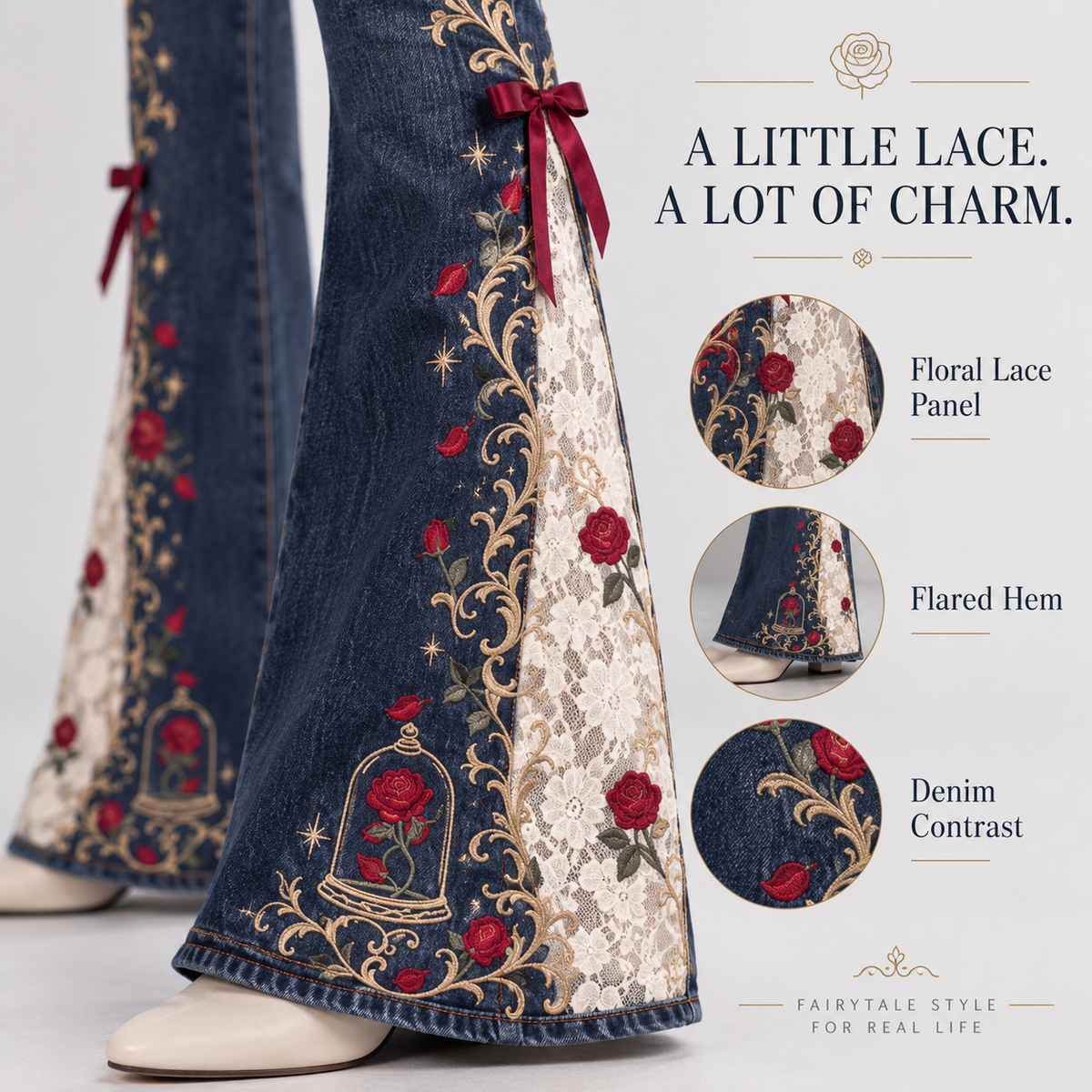 Enchanted Rose High-Waisted Lace Panel Flare Jeans