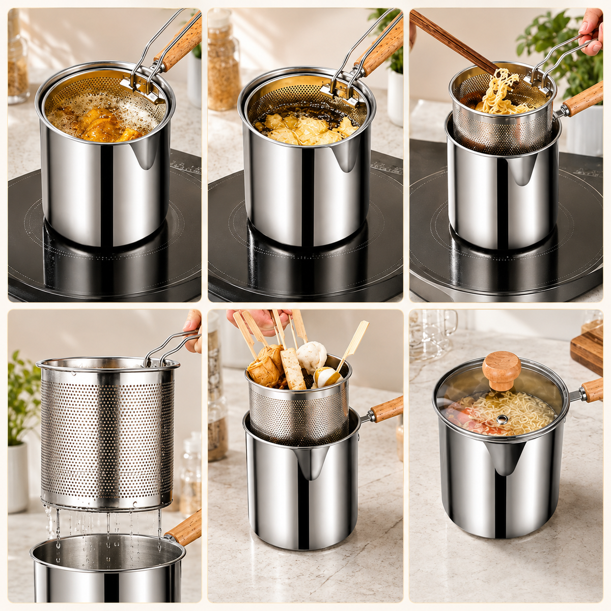 SUMMER - Personal Mini Deep Fryer Set Stainless Steel Pot with Lift-Out Draining Basket & Food Tongs