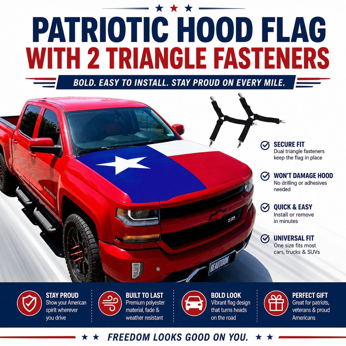Texas Flag Car Hood Cover with Dual Triangle Fasteners Easy-Install Patriotic Decoration for Trucks, SUVs & Cars
