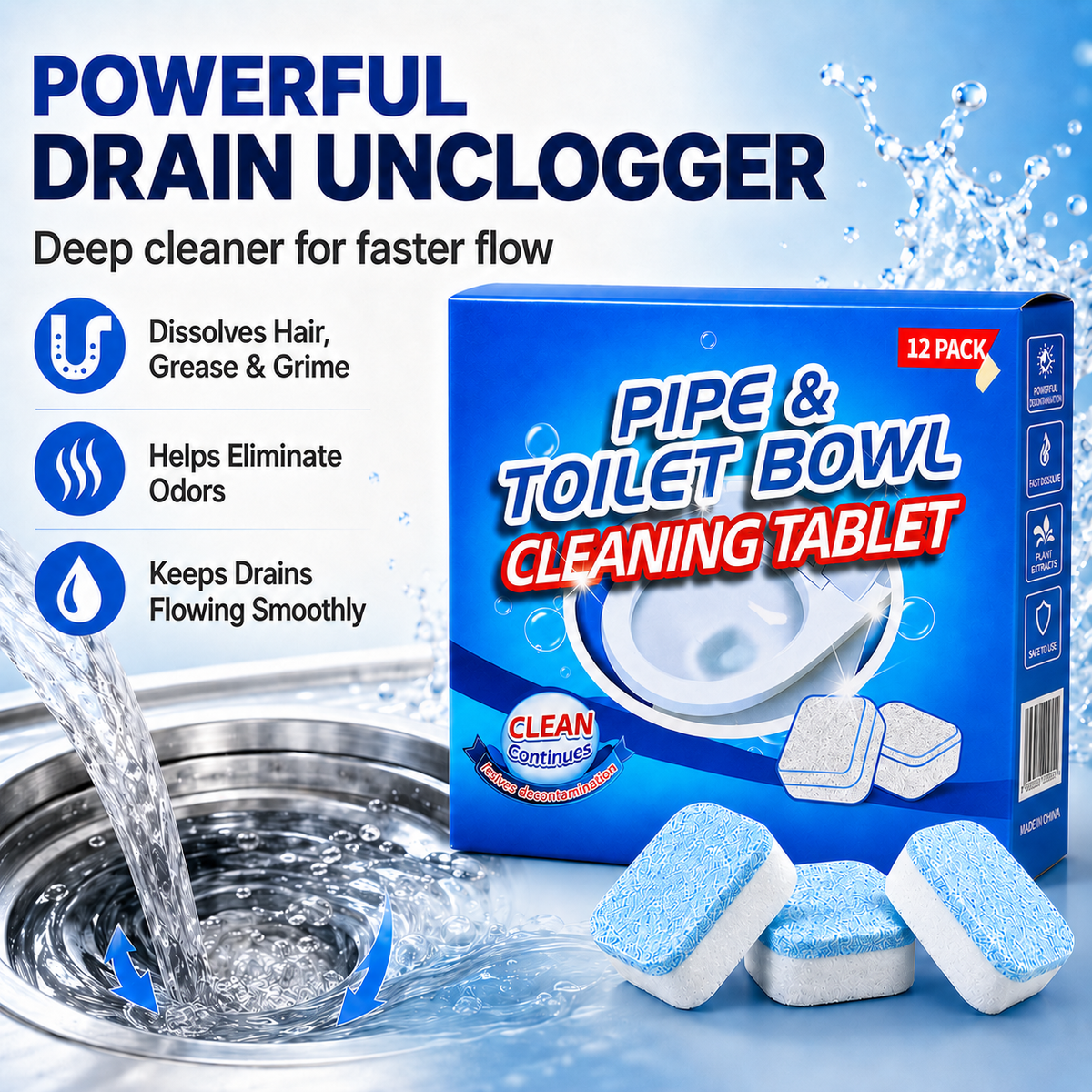 Drain Cleaning Tablets 12 Pack For Sinks, Showers & Washing Machines