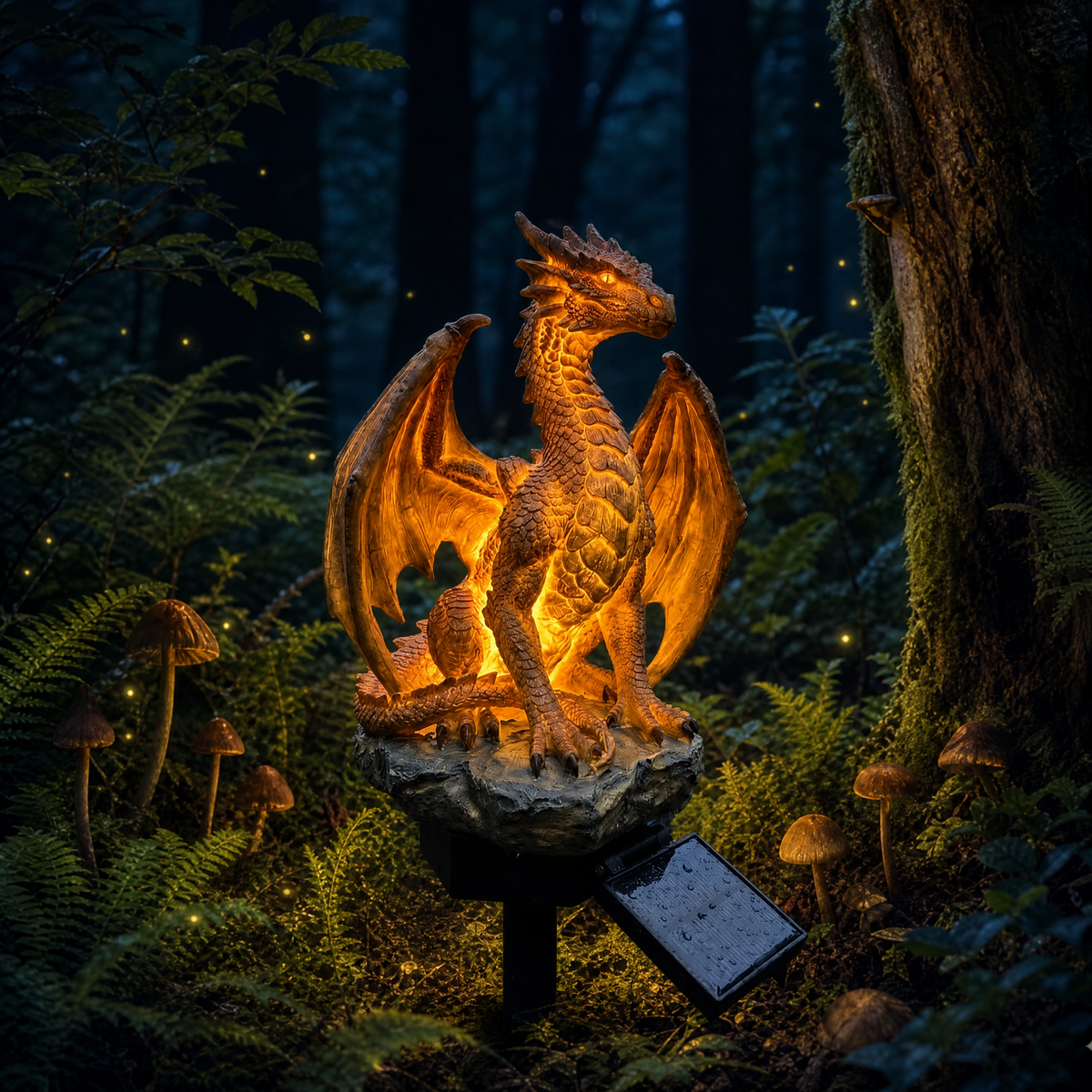 Solar Dragon Garden Statue Light Golden Ember Fantasy Outdoor Decor