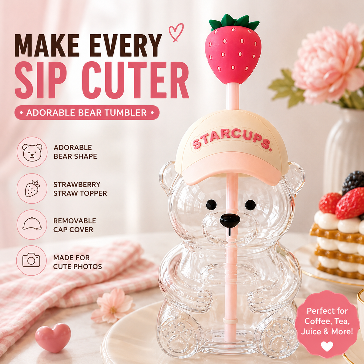 2026 Cute Beaar Glass Tumbler with Bear Lid & Strawberry Straw