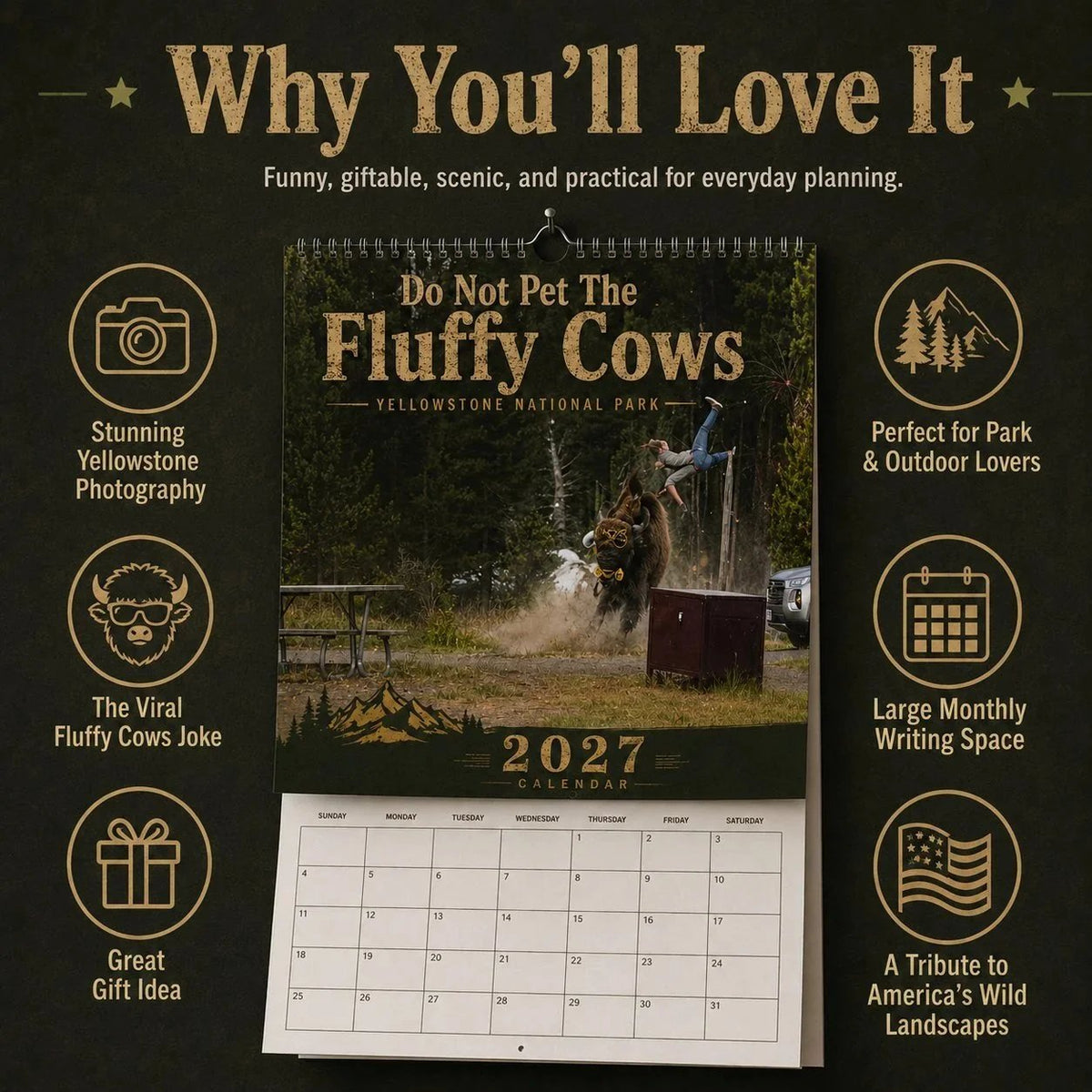 'Do Not Pet The Fluffy Cows' Bison Yellowstone National Park 2027 Wall Calendar