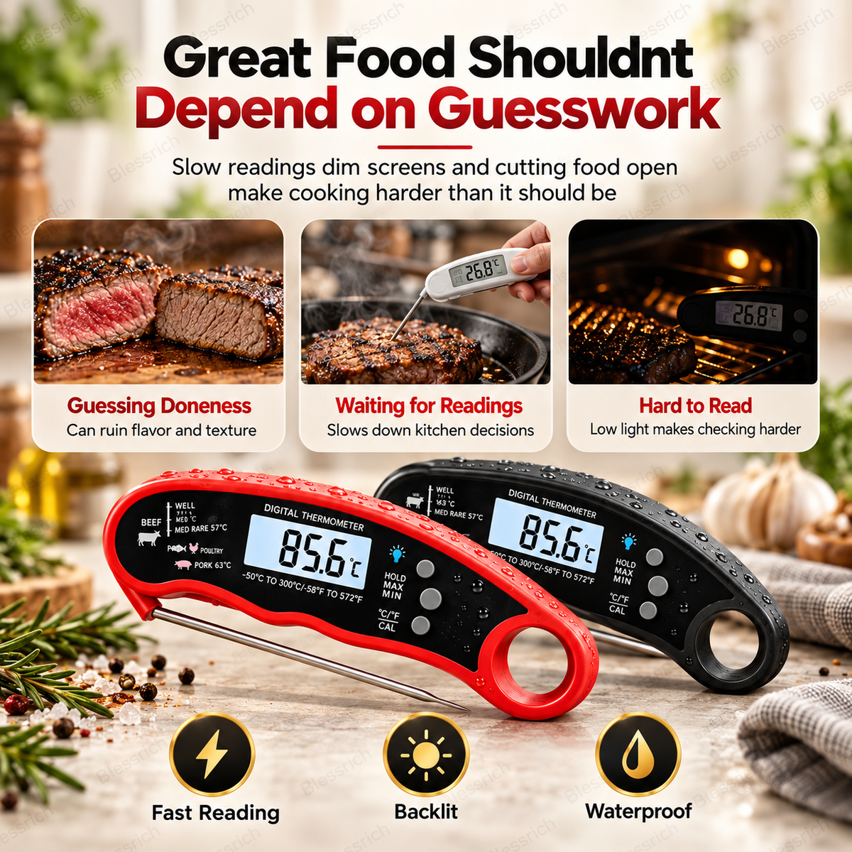 Foldable Digital Food Thermometer - Fast Reading Instant Meat Thermometer