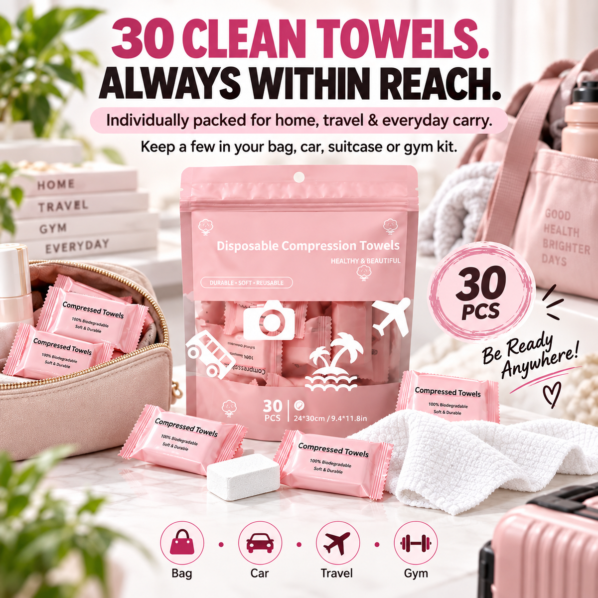 30-Pack Disposable Compressed Towels Soft, Absorbent & Travel-Friendly