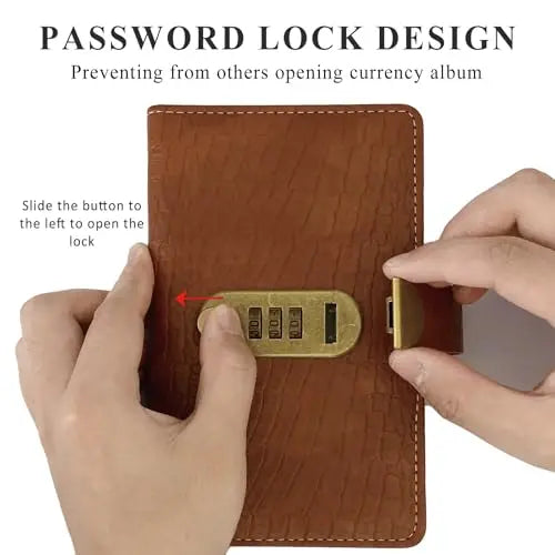 100 Pocket Banknote Collecting Album, PU Leather Password Lock Currency Binder with Clear Transparent Sleeves