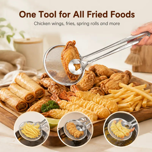 2-in-1 Stainless Steel Frying Filter Tongs Clip, Drain & Serve Easily
