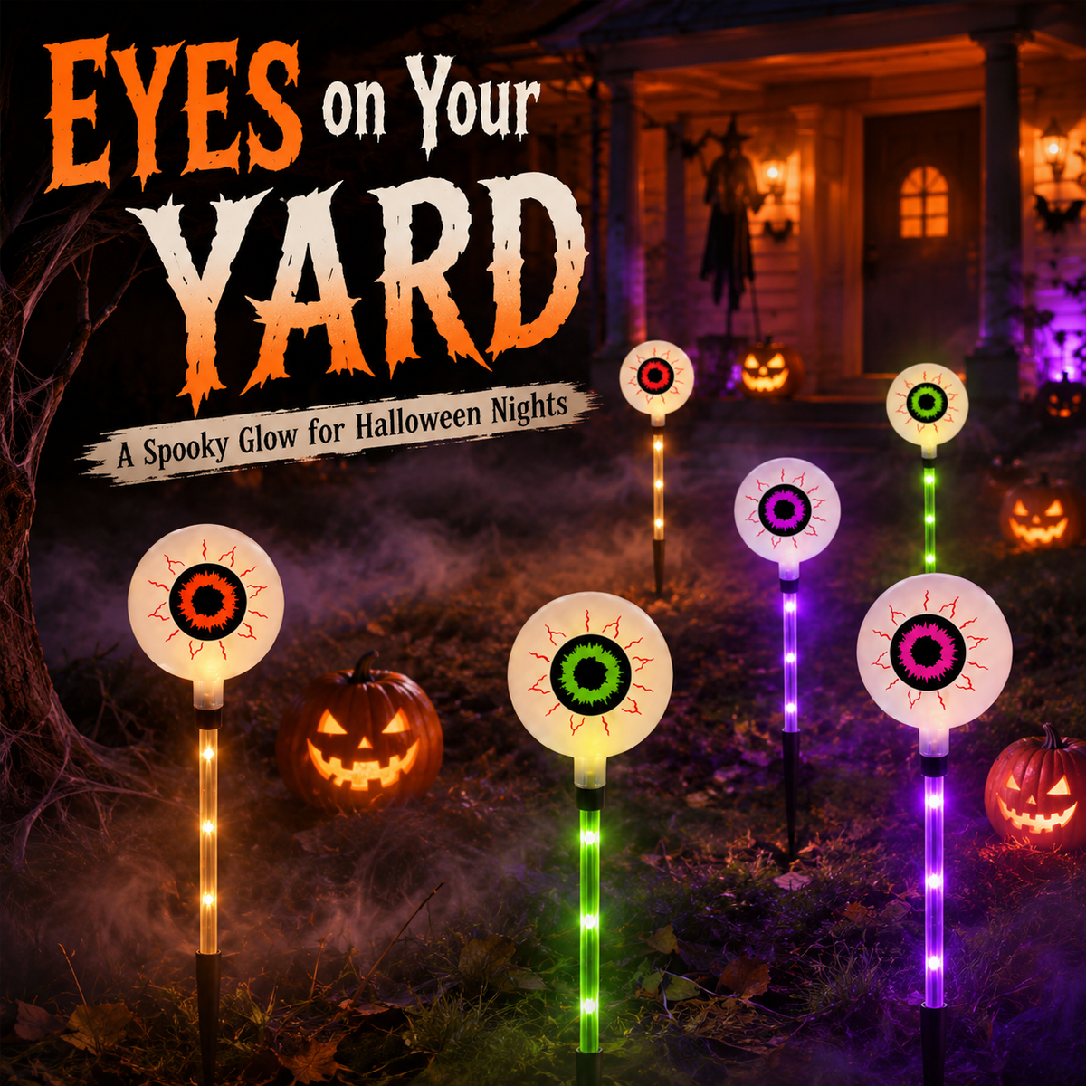 Solar-Powered Halloween Eyeball Yard Lights 6-Piece Glowing Stake Set