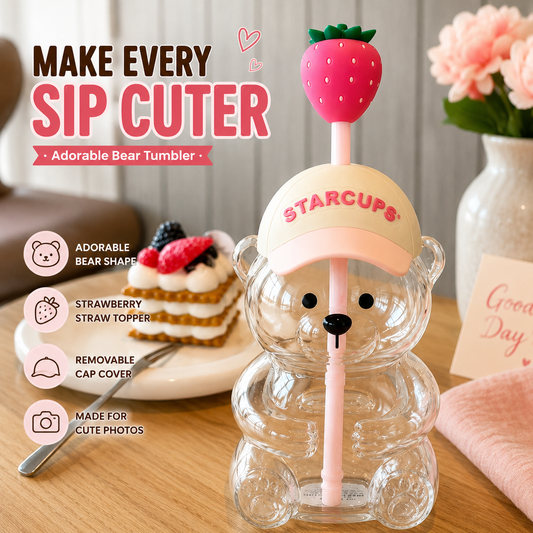 2026 Cute Beaar Glass Tumbler with Bear Lid & Strawberry Straw