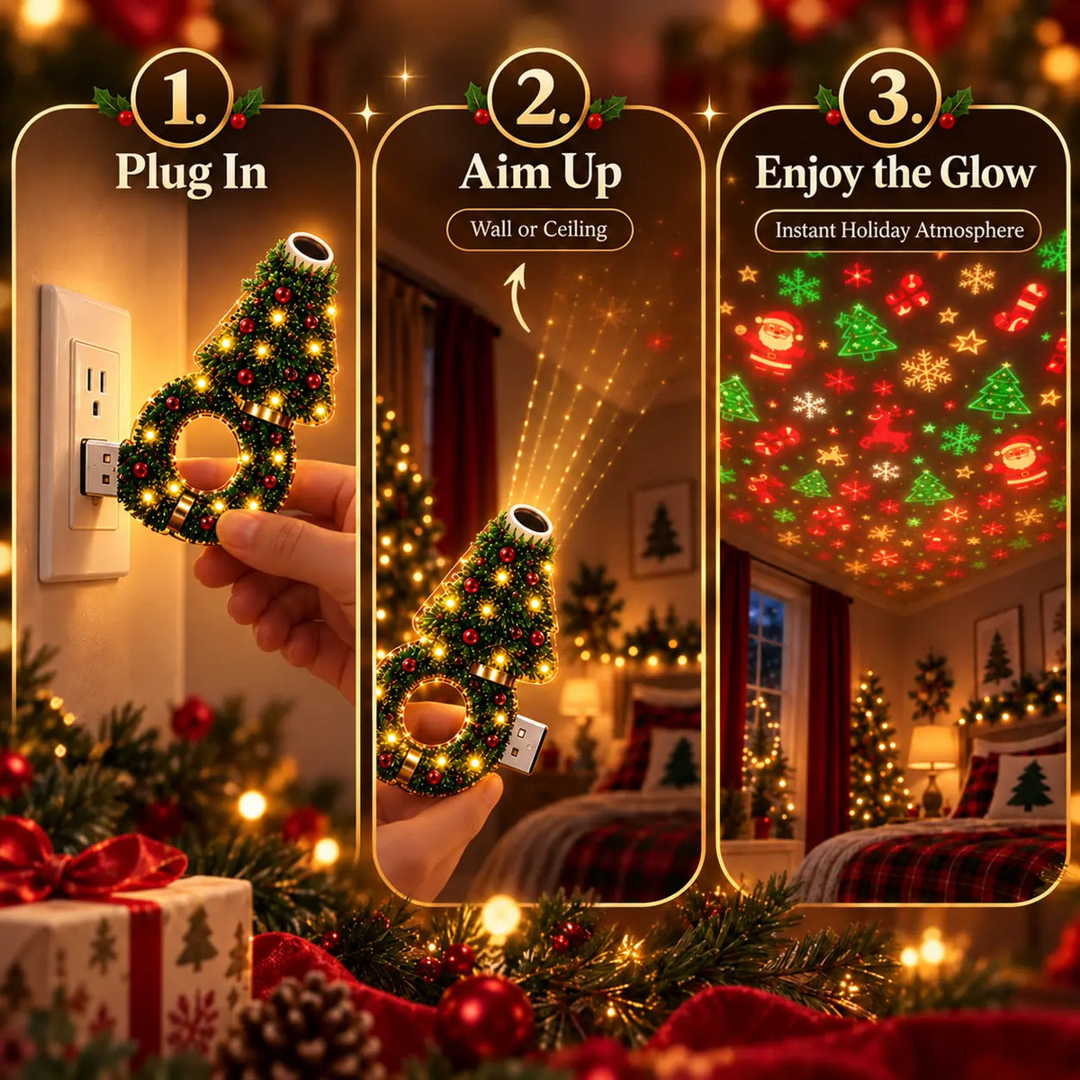 2026 USB Plug-In Christmas Projector Night Light, 6+ Holiday Pattern Ceiling Lamp
