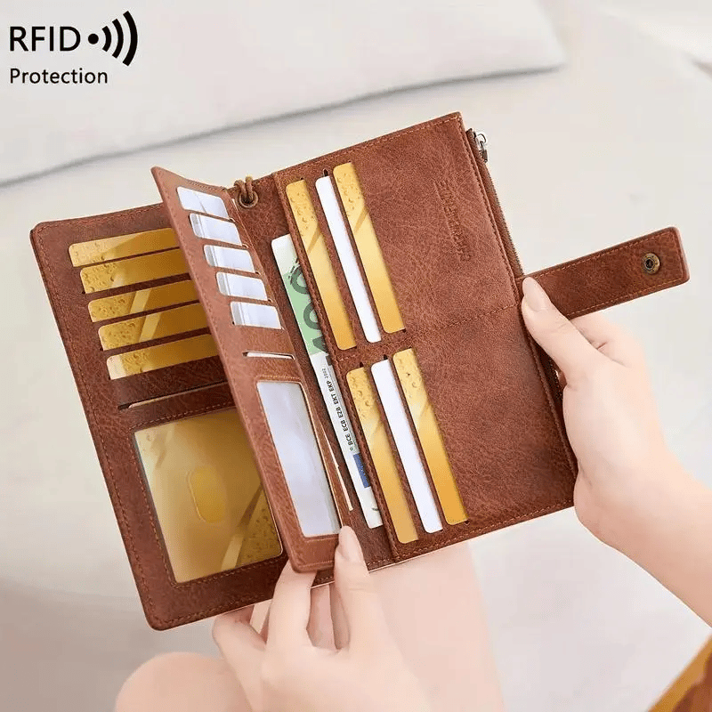 Women's long wallet, stylish clutch, elegant solid color RFID blocking leather wallet!