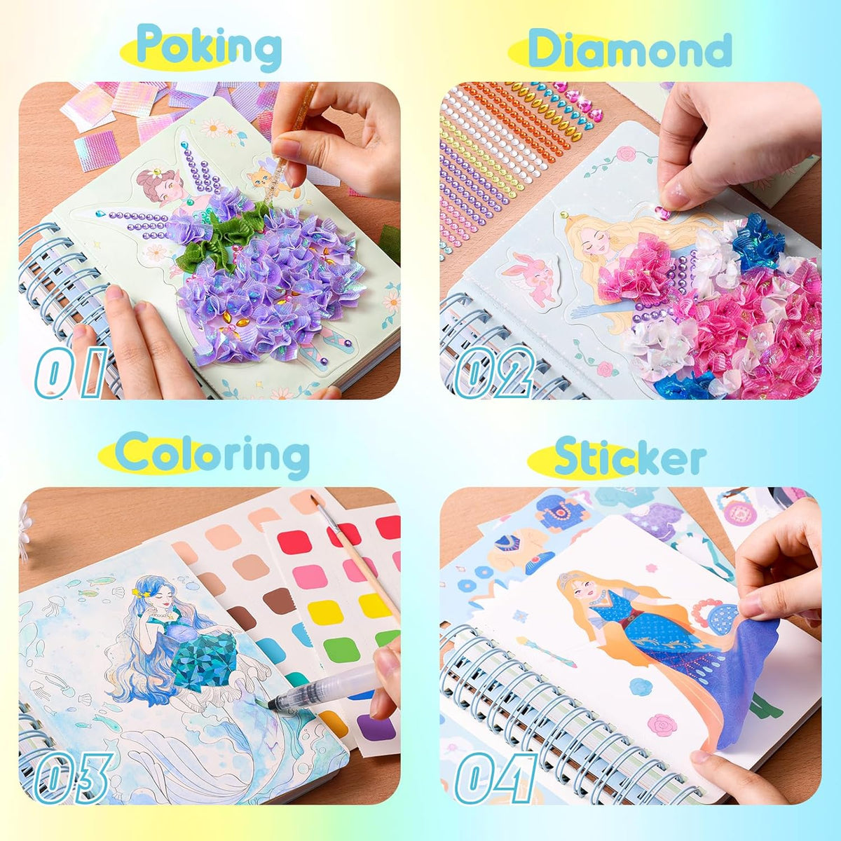 Poke-in 4-in-1 Diamond Painting Kits & Art Magic Princess Craft Kit Stuffers Watercolor DIY Gifts for Girls Handicraft