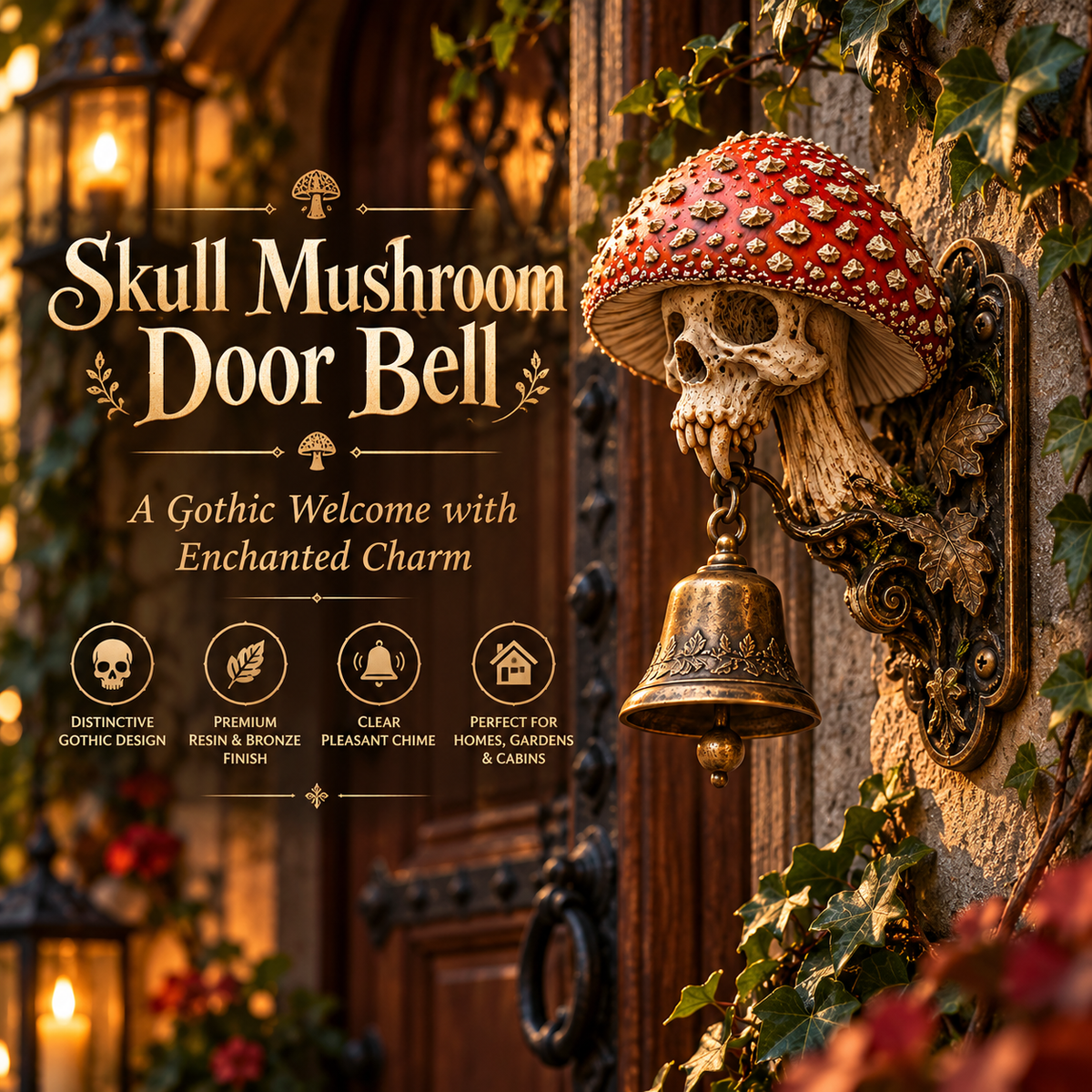Skullcap Guardian Gothic Mushroom Skull Door Bell with Vintage Bronze Chime