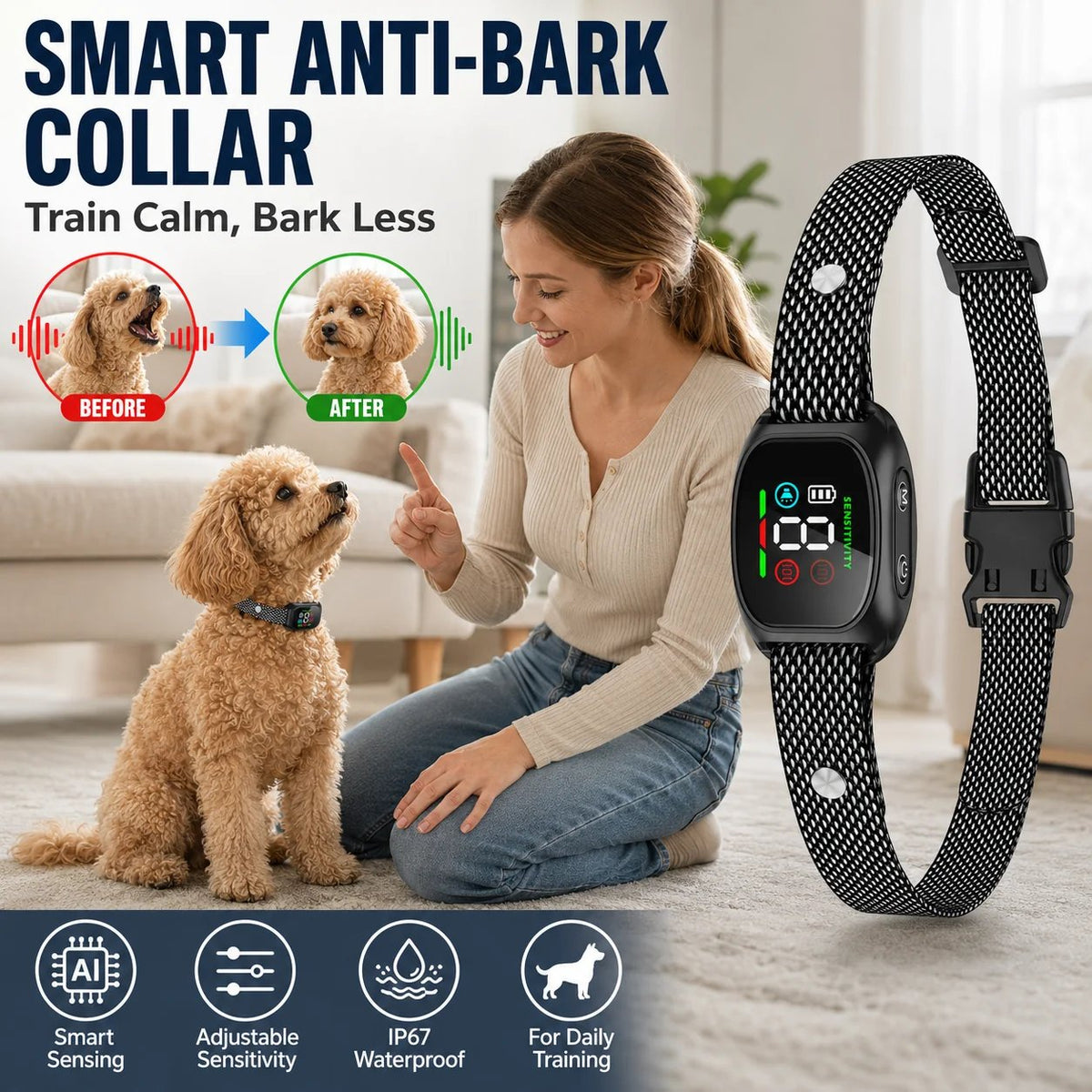 Anti Bark Collar Smart anti false triggering filters out other barks. IP67 waterproof & USB rechargeable worry free