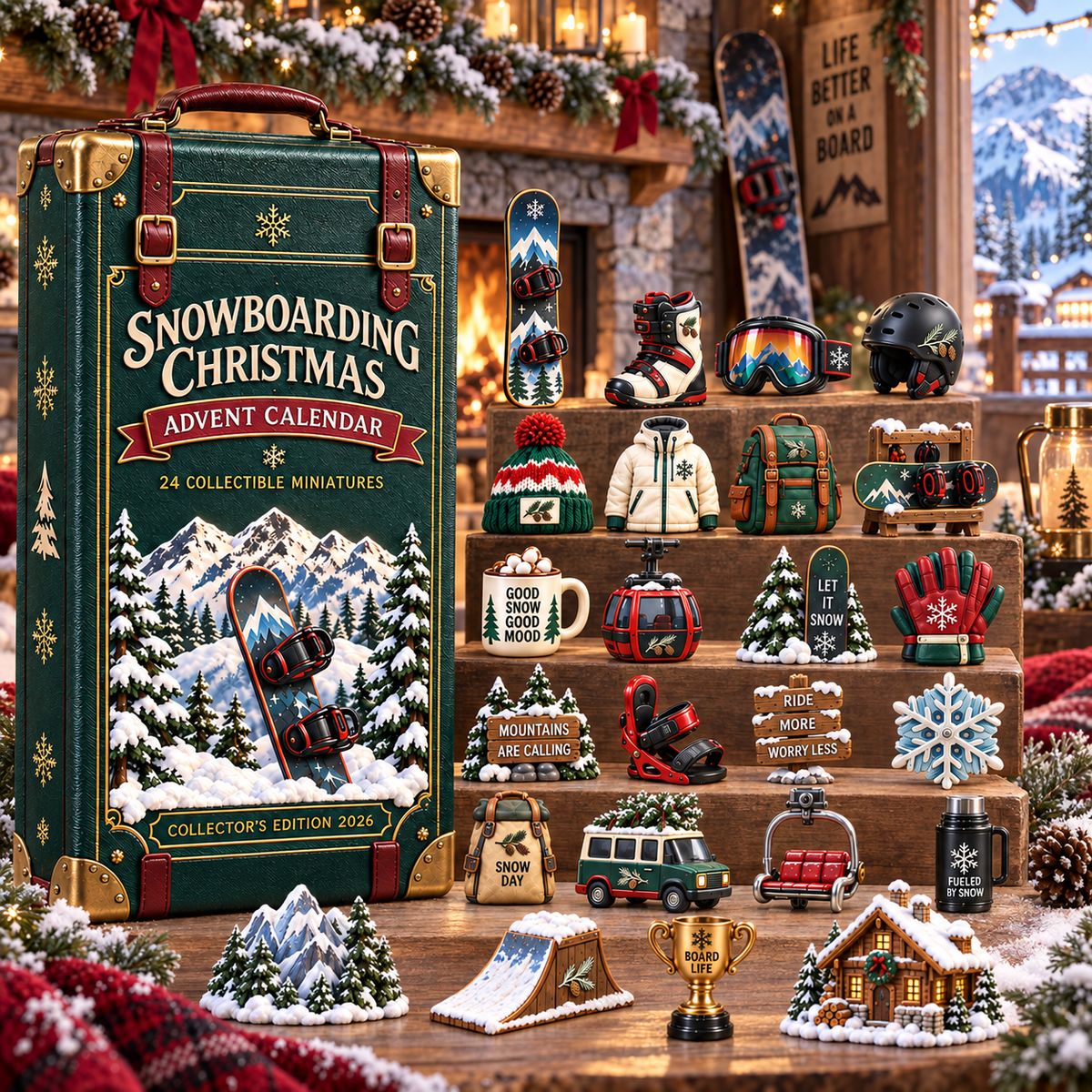 2026 Snowboarding Christmas Advent Calendar 24 Unique Collectible Miniatures for Snowboard Lovers & Mountain Adventures