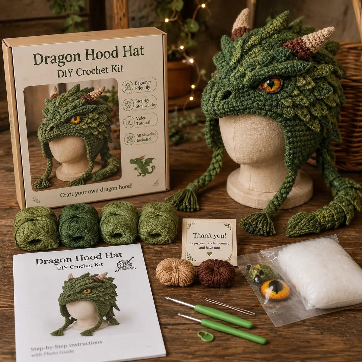Fantasy Hood Hat DIY Crochet Kit | Premium Soft Yarn Materials with Step-by-Step Guide DIY Handmade Wearable Character