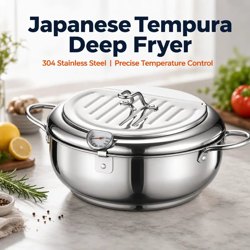304 Grade Stainless Steel Deep Fryer Pot - Japanese Style, with Thermometer, Oil Drip Drainer Rack, Temp Control
