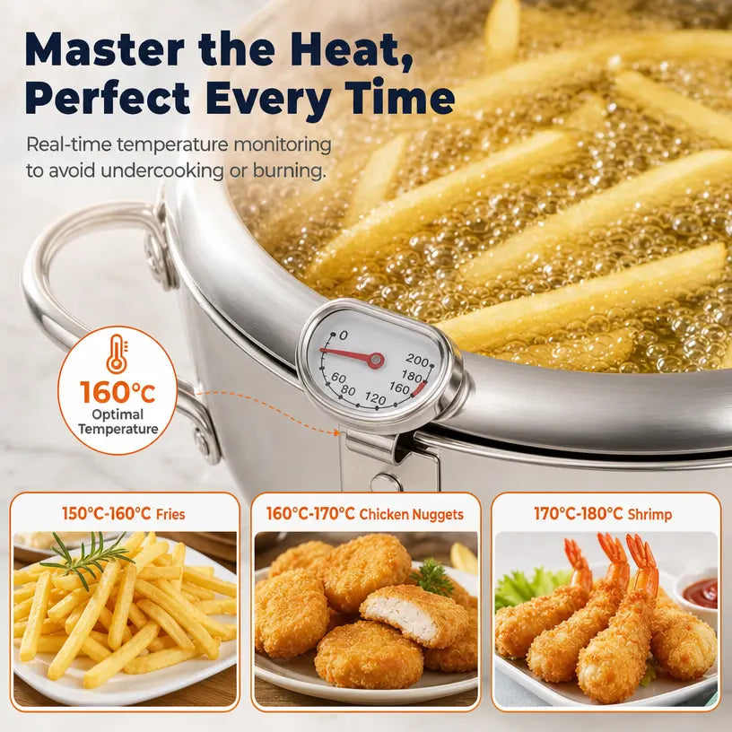304 Grade Stainless Steel Deep Fryer Pot - Japanese Style, with Thermometer, Oil Drip Drainer Rack, Temp Control