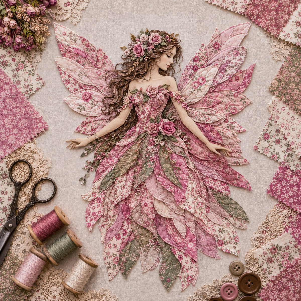 Premium Fairy Patchwork DIY Kit | High-Quality Layered Fabric with Floral Wings DIY Handmade Fantasy Wall Decor