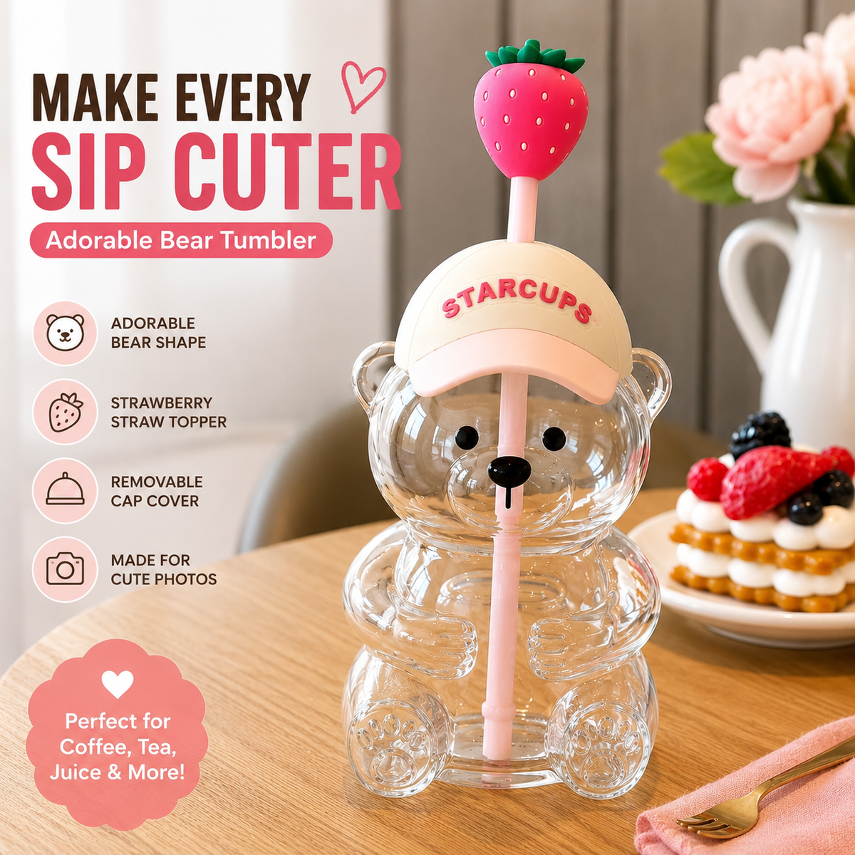 2026 Cute Beaar Glass Tumbler with Bear Lid & Strawberry Straw