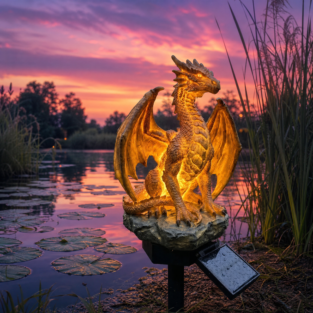 Solar Dragon Garden Statue Light Golden Ember Fantasy Outdoor Decor