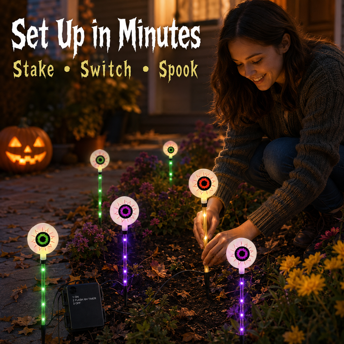 Solar-Powered Halloween Eyeball Yard Lights 6-Piece Glowing Stake Set