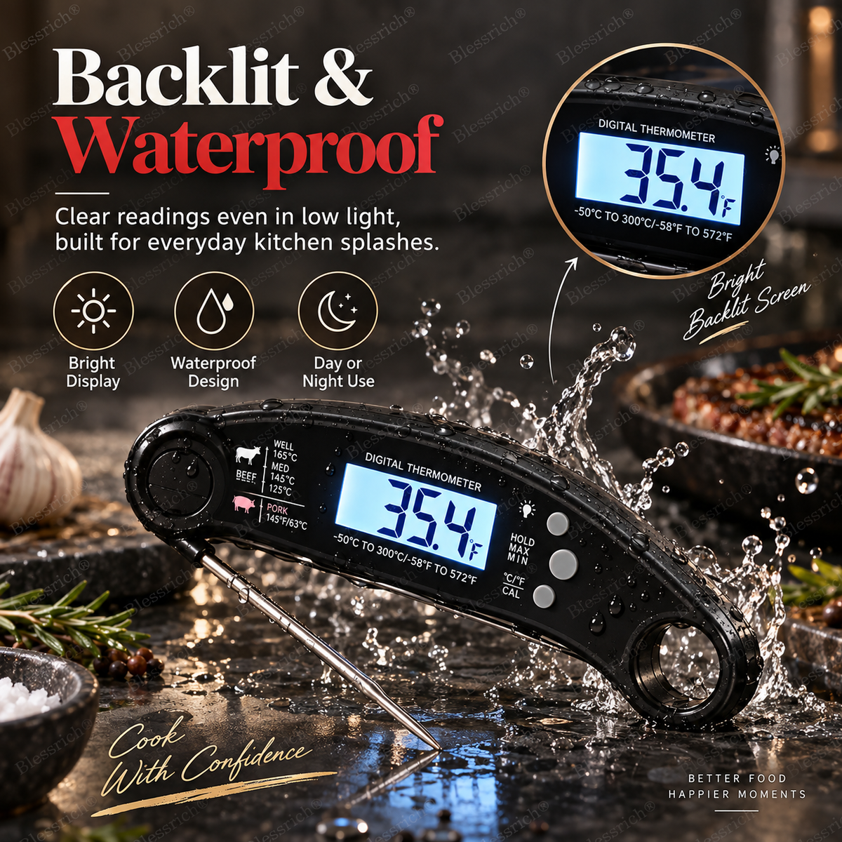Foldable Digital Food Thermometer - Fast Reading Instant Meat Thermometer