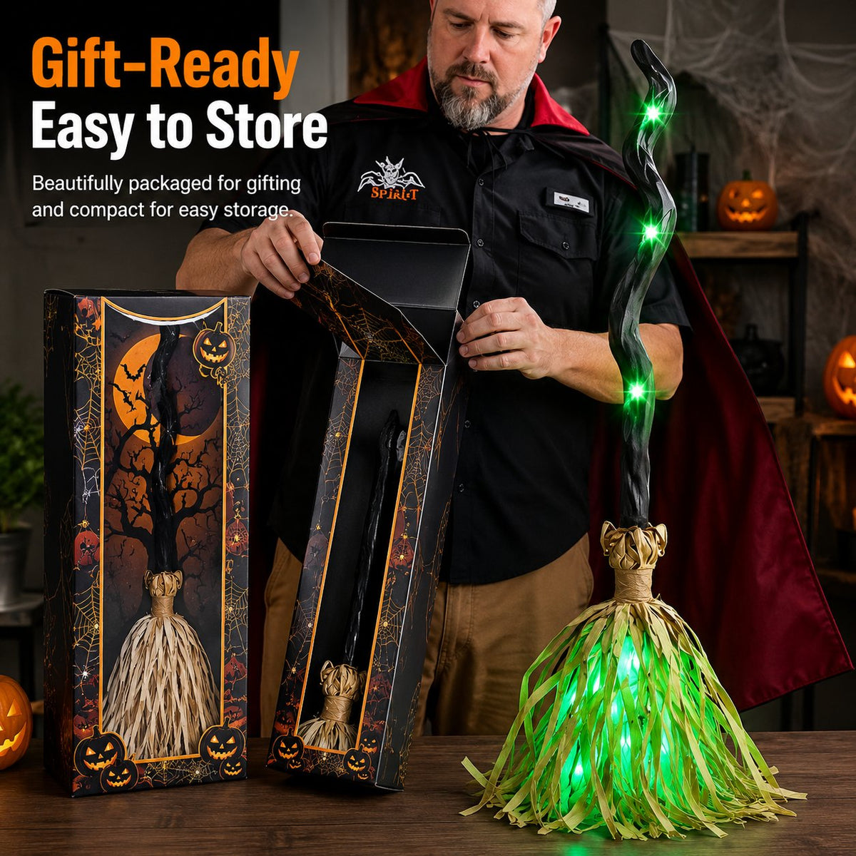 Animated Witch Broom Moves, Lights Up & Makes Spooky Sounds