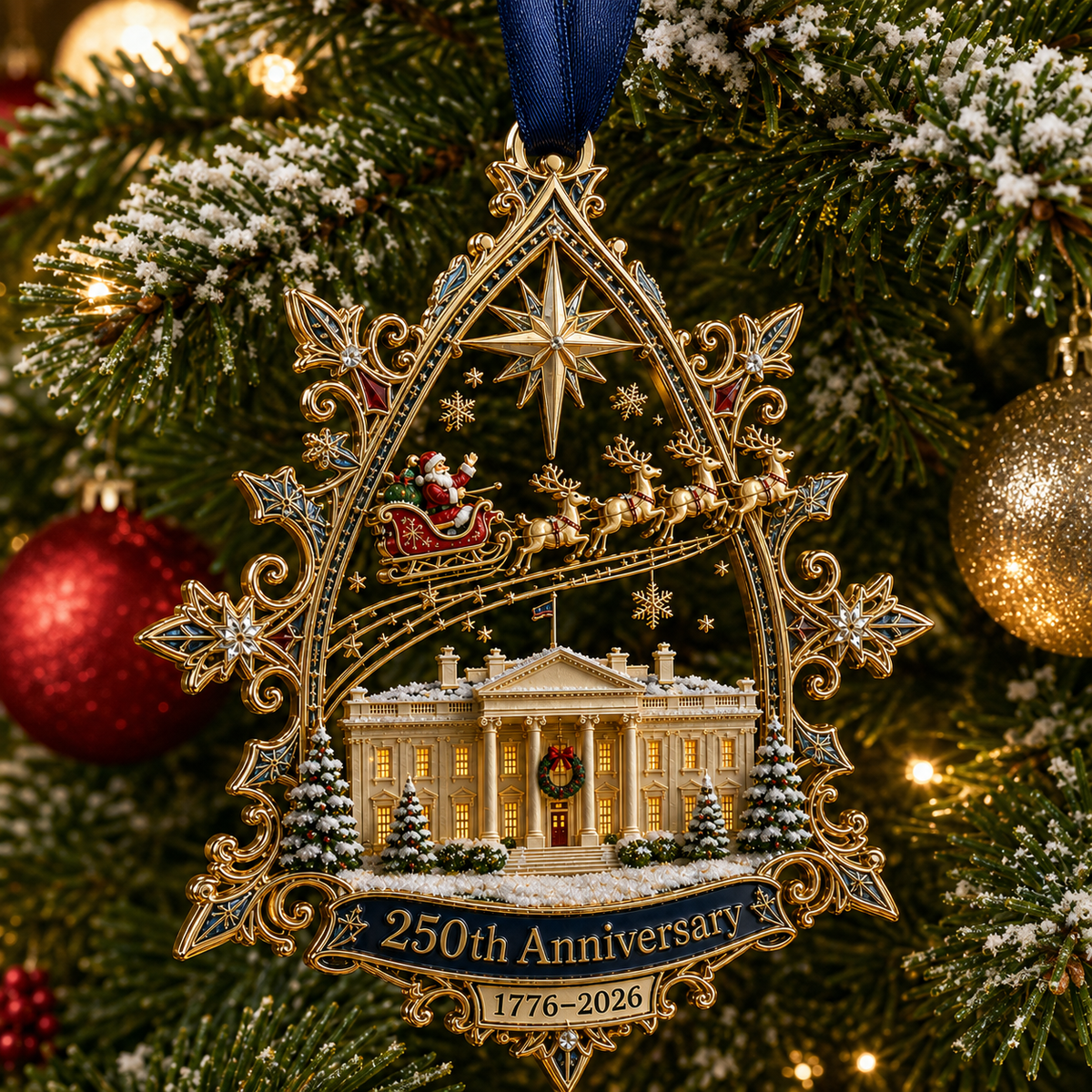 250th Anniversary: Santa Flying Over the White House on a Snowy Night
