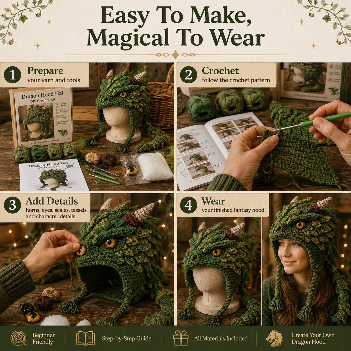 Fantasy Hood Hat DIY Crochet Kit | Premium Soft Yarn Materials with Step-by-Step Guide DIY Handmade Wearable Character