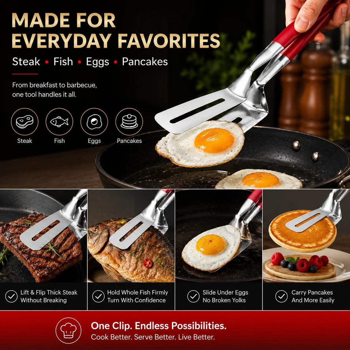2-in-1 Stainless Steel Spatula Tongs Grip, Flip & Serve