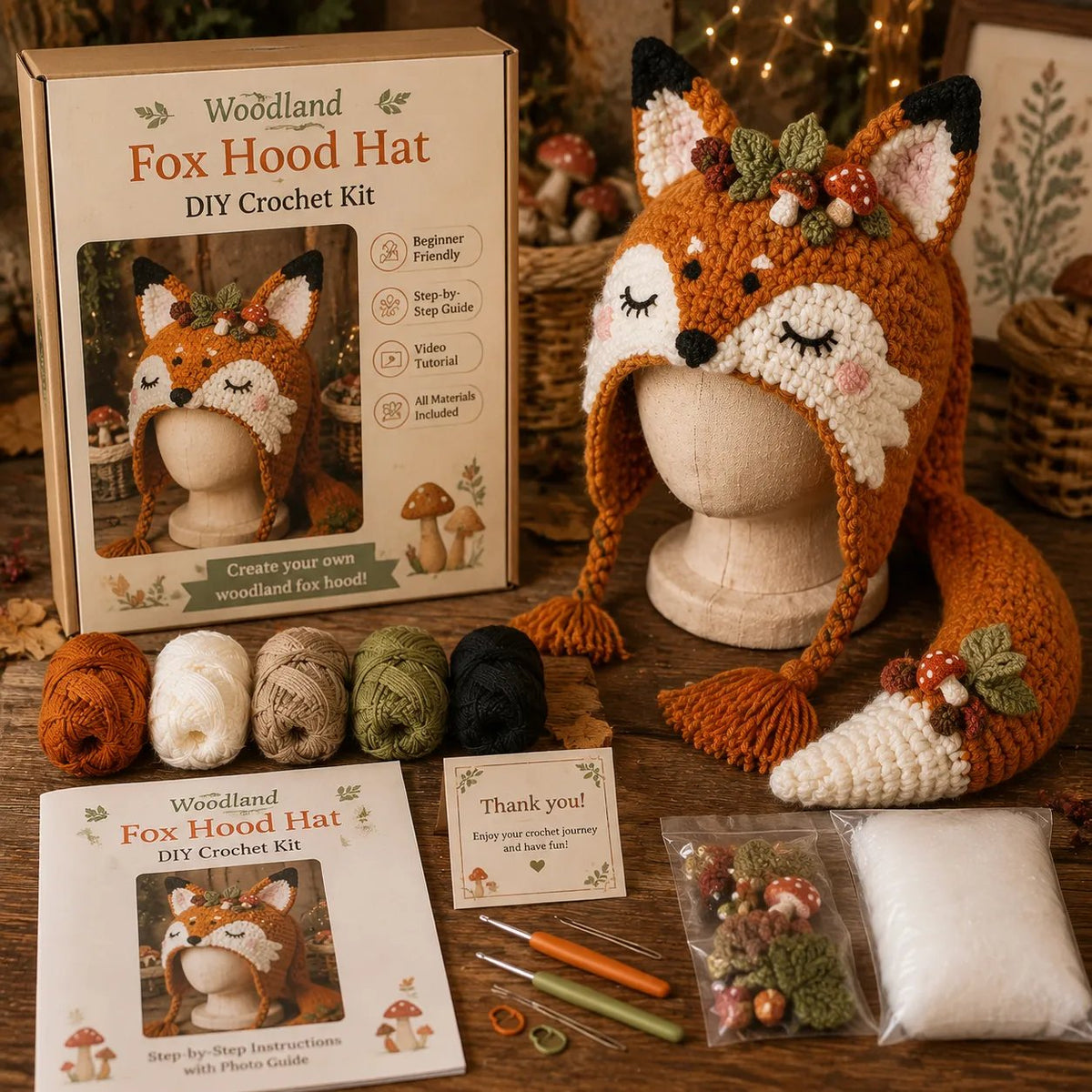 Fantasy Hood Hat DIY Crochet Kit | Premium Soft Yarn Materials with Step-by-Step Guide DIY Handmade Wearable Character