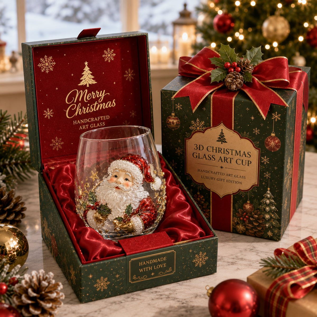 3D Christmas Glass Art Cup | Luxury Raised Holiday Glassware for Drinks, Decor & Christmas Gifts